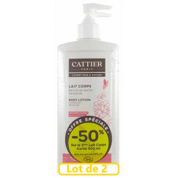 Lot de 2 Laits corps Beurre de karité et Géranium 2x500ml Cattier